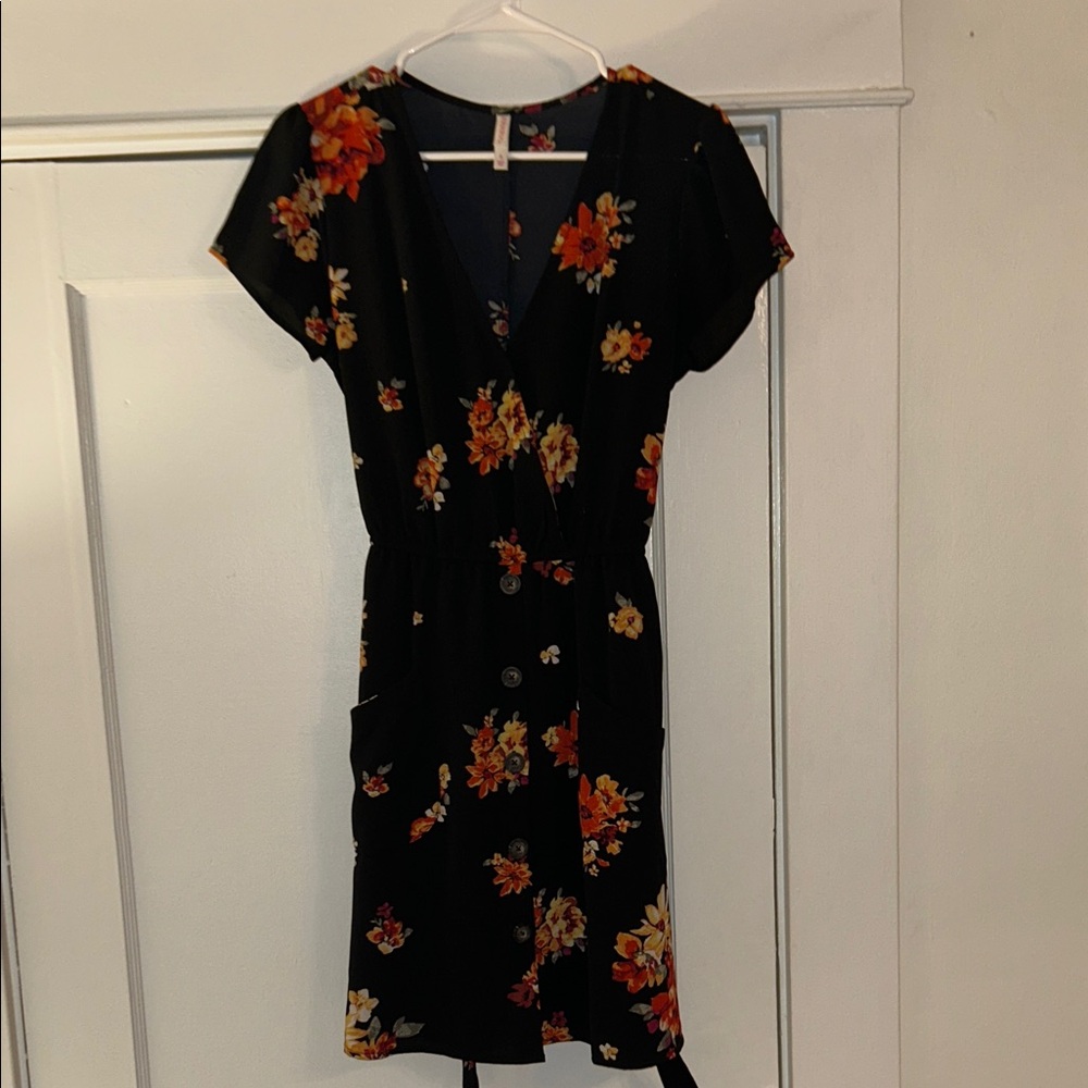 Xhilaration Black Dress with Orange Floral Pattern